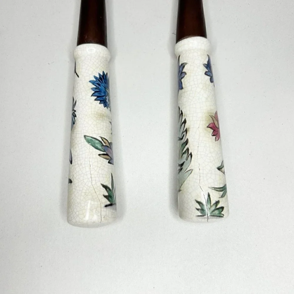 Wooden Salad Serving Fork Spoon Set w/ Porcelain Floral/Bird Handles 13